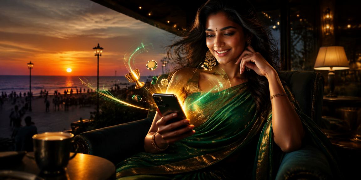 Indian woman enjoying casino app on mobile in traditional saree