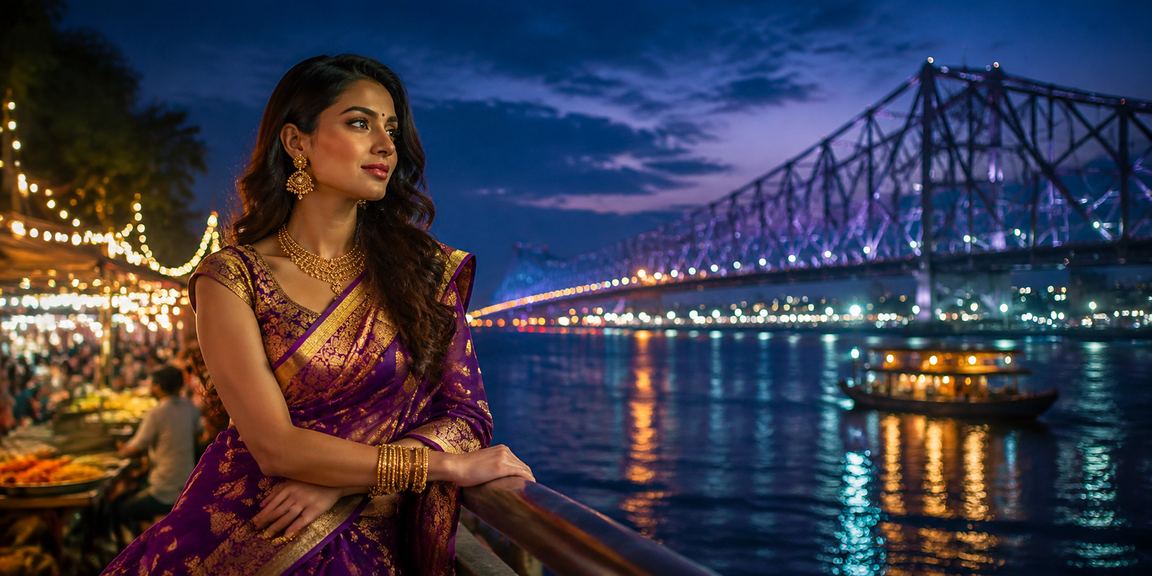 Howrah Bridge illuminated near night market